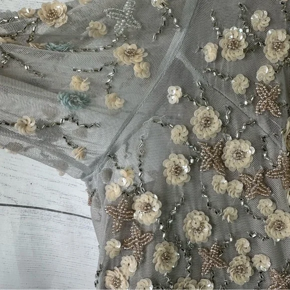 Mac Duggal size 16 Embellished Wrap Over Illusion Long Sleeve A Line Gown Gray - Picture 14 of 16